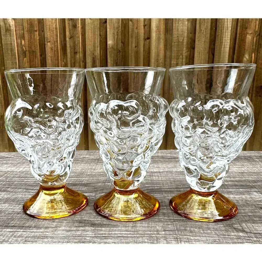 Abigail's Portugal Rare Blown Amber Base Grape Iced Tea Footed Tumblers-Set of 3